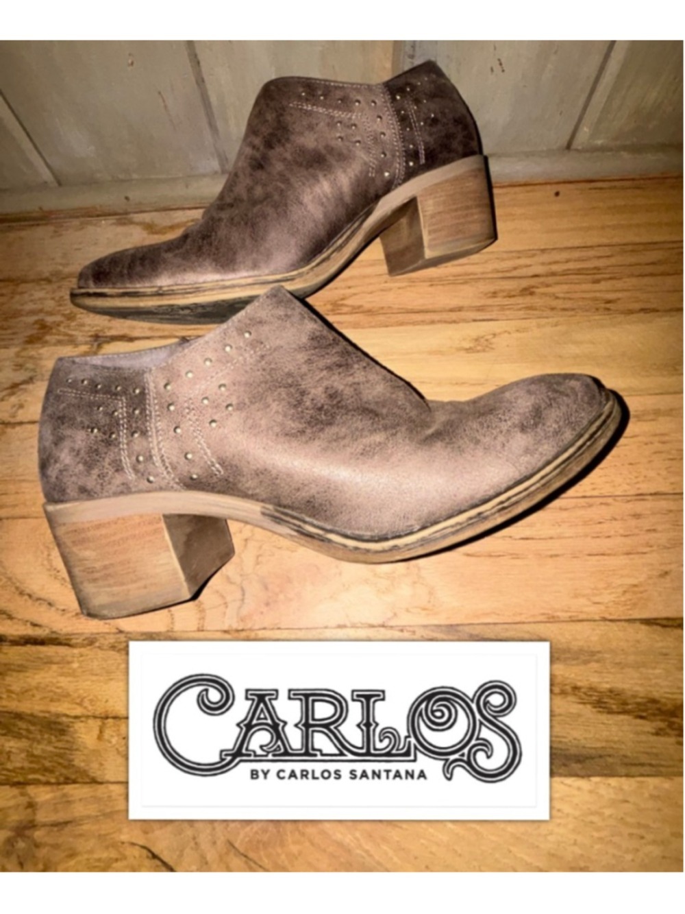 Carlos Boho Western Distressed Leather Studded Block Heel Booties Women’s size 8